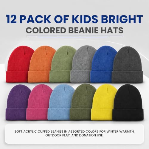 Yacht & Smith Wholesale Beanie and Glove Winter Bulk Kit, Kids Adults Bulk Sets, Homeless Donation Shelters - color: 12 Pack Kids Bright Beanies