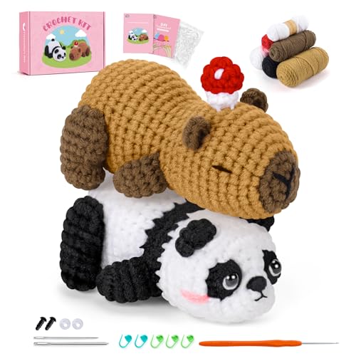 Crochet Kit for Beginners, Panda & Capybara Crochet Animal Kits | Easy Crochet Kit for Adults, Complete Knitting Kit w/ Step-by-Step Video Tutorials, Crochet Gifts - color: White and Brown