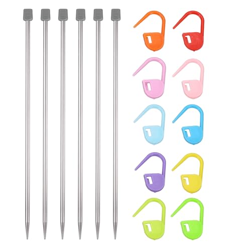 MECCANIXITY 4Pcs H(5mm) Single Pointed Knitting Needles Set, 9.8" Length Stainless Steel Crochet Needle with 10Pcs Knitting Stitch Markers for Beginner, Crocheter DIY Making, Silver - size: H(5mm) 9.8" Length