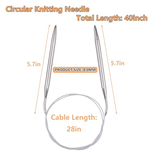 Hobekoee Circular Knitting Needle 40 inch (100cm),Size US 11 (8.0mm) Round Stainless Steel Knitting Needles for Smoothly Knit Blanket,Sweater,Coaster,Socks - size: US 11(8mm)
