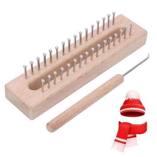 Beufee Wooden Knitting Loom, with Elbow Crochet Hook, Rectangular HandWeaving Machine Knitting Board 32 Pegs for Scarf Sweater Shawl Hat Craft