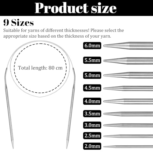 9 Pack Round Knitting Needles, Circular Knitting Needles Set, Stainless Steel Knitting Needles Kit, 32 Inch Round Long Smooth Metal Knitting Needles for Beginners Making Sweater Scarf Blanket(9 Sizes)