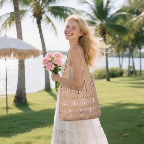 WantGor Crochet Bags, Beach Mesh Tote Bag Womens Shoulder Shopping Handbag | Casual Travel Totes Bag Foldable Hobo Bags - color: Brownish Yellow