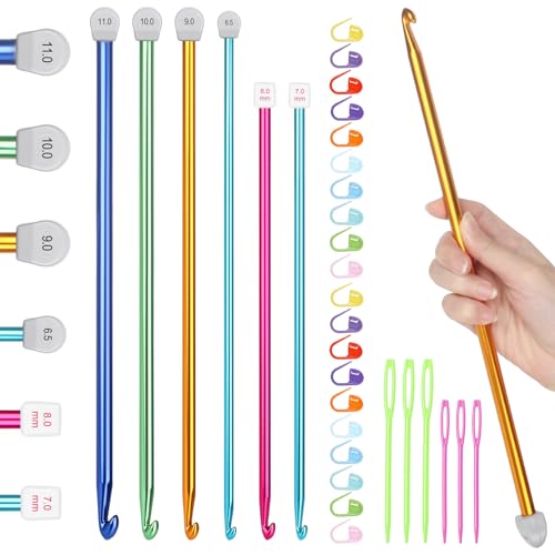 Katech 8PCS Tunisian Crochet Hooks Set, 13.78‘’ Aluminum Large Crochet Needles