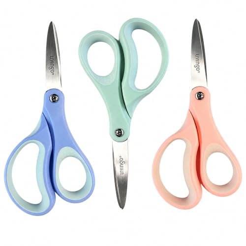 LIVINGO Kids Scissors 6 Inch 3 Pack Soft Blue Mint Green Peach Pink | School Supplies for Age 8-12, Pointed Tip, Stainless Steel Blades, Left & Right Handed Grip, DIY Craft Classroom Use