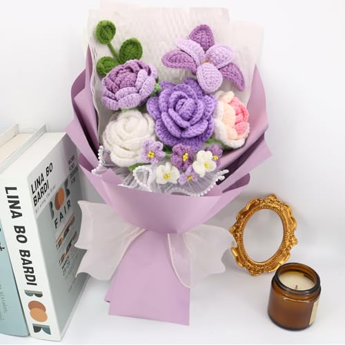 Handmade Crochet Flower Bouquet, Crochet Flowers, Knitted Flowers | Mixed Flowers, Crochet Bouquet, Artificial Flower Crochet Rose Tulip for Lover, Friend,family, Wedding Anniversary - color: Purple