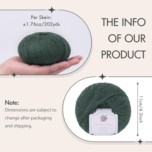 NICEEC 4 Skeins Soft Merino Wool Yarn- Green Series | Soft & Warm, Finger Weight, Woolen Yarn for Crochet & Knitting, Total 5.3oz/606yds - color: Green Series