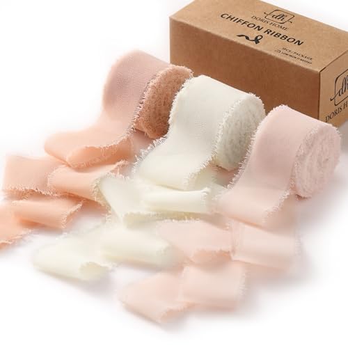 DORIS HOME Handmade Fringe Chiffon Ribbon 1" x 21Yd Pink & Cream | Fabric Ribbon, For Flower Bouquet/Gift Wrapping/Wedding Invitations/Party Decorations - color: Pink and Cream