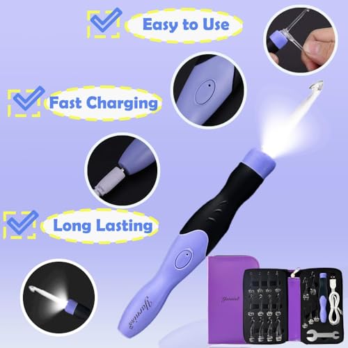 Yarniss 17 Size Lighted Crochet Hooks 2.5mm~14mm,Rechargeable Crochet Hooks | Glow In Dark Better for Night Crocheting,Light Up Crochet Hook with USB Cable - color: Purple-17 Size with Light