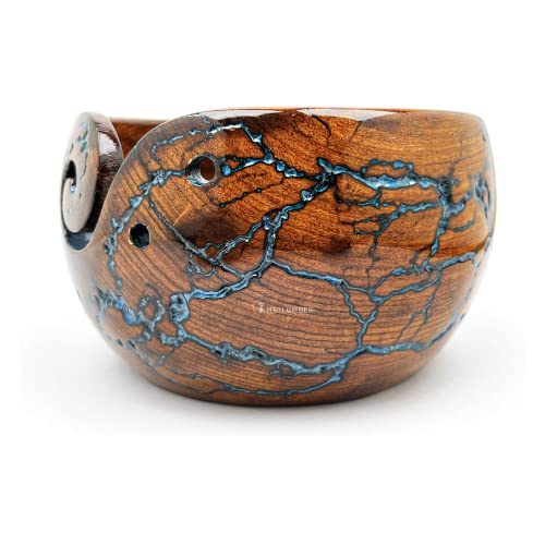 METLUMBER Wooden Yarn Bowl Rosewood Yarn Storage Bowl Holder & Dispenser for Tangle-Free Yarn Perfect Large Knitting & Crochet Bowl Fractal Wood Burning & Resin Artwork