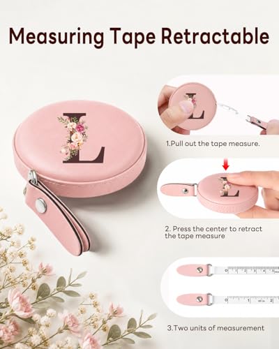 Maicican Retractable Tape Measure, Pink Leather Sewing Measuring Tape, L | with Initial A-Z, 60"/1.5m Soft Sewing Measuring Tape for Body Measurements, Portable Small Fabric Ruler - color: Tape Measure-Pink L