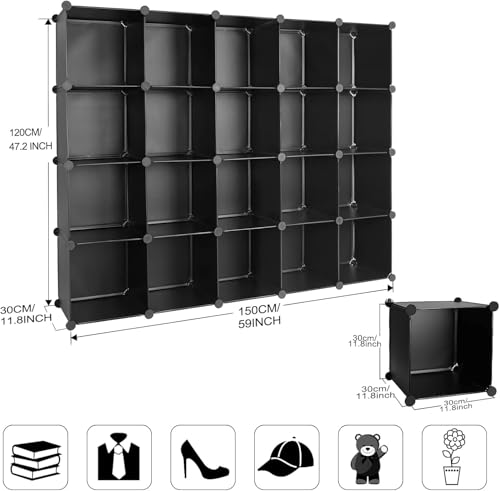 Cube Storage Organizer, DIY Plastic Closet Cabinet Modular Bookcase, Storage Shelves for Bedroom Living Room, Office（20-Cube，Plastic） - color: Black, size: 20 Cubes