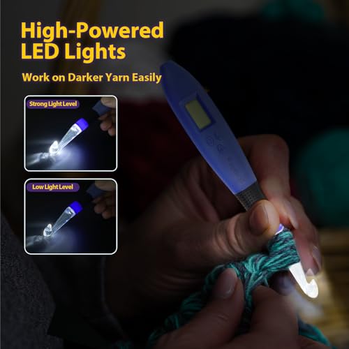 22 Size Crochet Hook Set with Light & Digital Counter, Ergonomic for Arthritic Hands, 2.0–14.0 mm Interchangeable Hooks, Rechargeable and Beginner-Friendly - size: 22 Crochet Hook