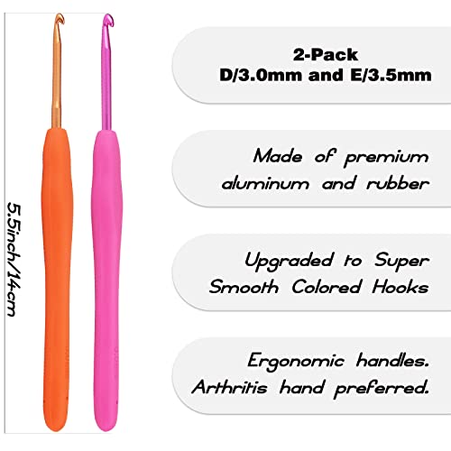 YOJOB 2-Pack Size D / 3mm, E / 3.5mm Crochet Hooks, Ergonomic Crochet Hook | Super Smooth Knitting Needles with Soft Rubber for Beginner and Advanced(3.0mm, 3.5mm) - size: 3mm, 3.5mm