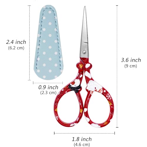 3.6 inch Sharp Embroidery Scissors Crochet with Leather Sheath for Knitting | Craft Scissors Small Scissors Pointed Tip Scissor Stainless Steel Precision Detail Scissor for Crafting Sewing Office Home - color: Red Christmas