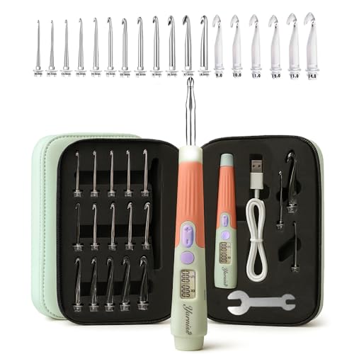 Yarniss 18 Size Light Up Counting Crochet Hooks Set with Case 2.0mm-14.0mm | Crochet Hooks for Stitch & Row Counter - color: Green-18 Size with Light & Counter