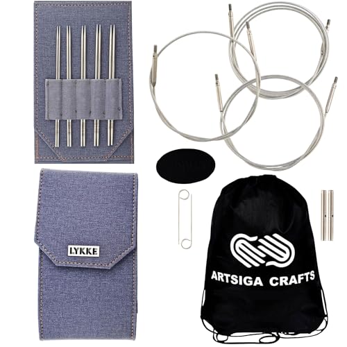 Lykke Flight Lace 5-Inch Interchangeable Circular Knitting Needle Set | Mini US 0, 1, 1.5, 2, 2.5 Denim Case, Stainless Steel, Sharp Points, No-Memory Swivel Cables, Project Bag - color: Denim