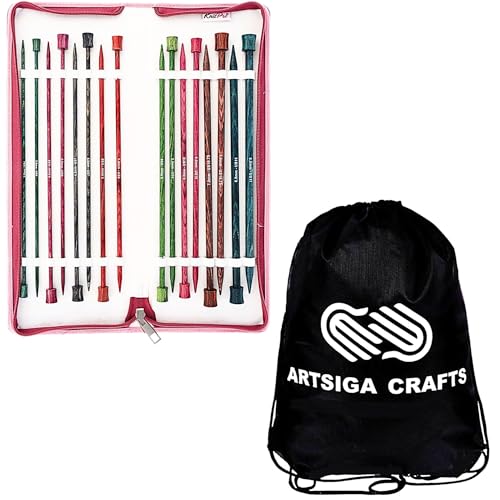 KnitPro Dreamz Deluxe 10-Inch Straight Single Point Knitting Needle Set | US 4, 6, 7, 8, 9, 10, 10.75, 11 Incl. Birchwood, Color-Coded, Sharp Tips, Fabric Case, Project Bag