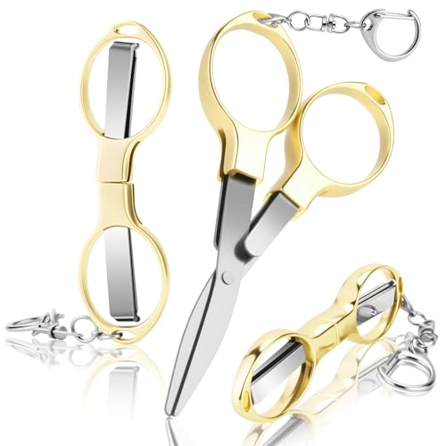 3 Pcs Folding Stainless Steel Mini Badge Scissors with 3 Keychains | Safety Foldable Pocket Travel Small Scissors All Purpose for Nurse Accessories, Travel, Office, Craft, Sewing, Home (Gold) - color: Gold