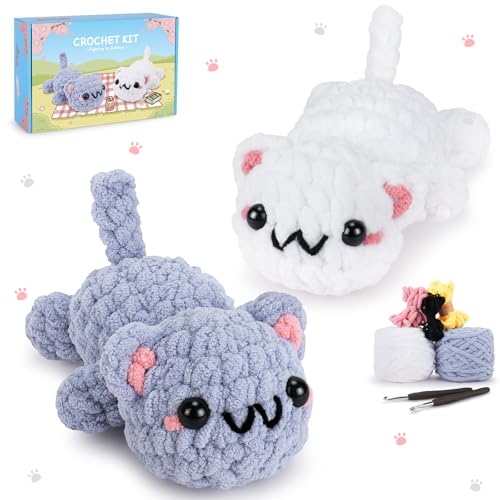 2PCS Kitty Crochet Kit for Beginners Cats Crochet Starter Kit for Adults | Crochet Kit with Step-by-Step Video Tutorials, Learn to Crochet, Beginner Crocheting Kit Easy Peasy Yarn Gifts for Birthday - color: Gray White Cat