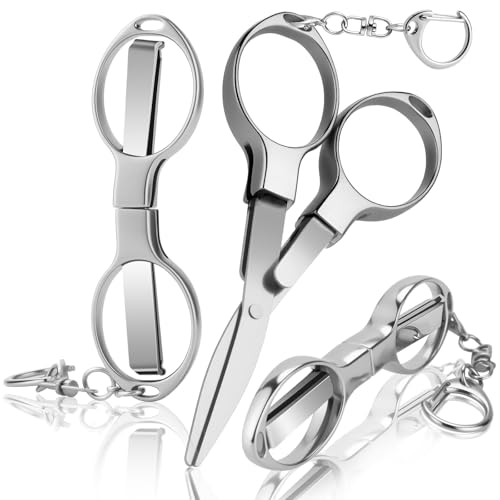 3 Pcs Folding Stainless Steel Mini Badge Scissors with 3 Keychains | Safety Foldable Pocket Travel Small Scissors All Purpose for Nurse Accessories, Travel, Office, Craft, Sewing, Home (Silver) - color: Silver
