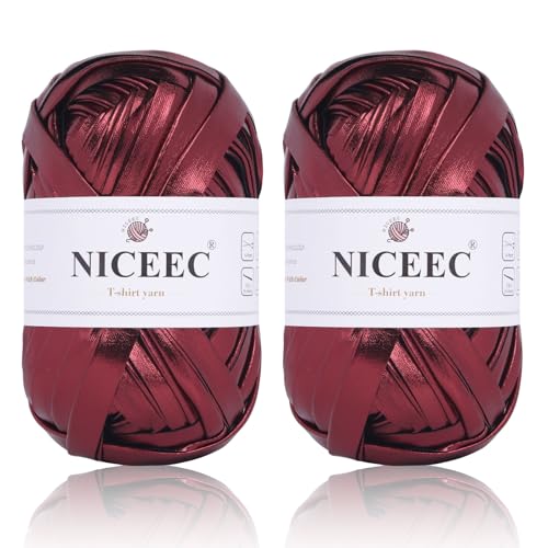 NICEEC 2 Skeins Metal T-Shirt Yarn Double-Side- Wine Red | Bright, Glossy, Crochet & Knitting, Fabric Cloth Yarn Handmade DIY Craft Bag Basket Cushion-Totle Length 64yds(7.1oz) - color: Wine Red, size: Double-Side