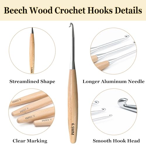 Beech Wood Crochet Hooks, 12mm Ergonomic Handle Long Crochet Needles | Comfortable Smooth Crochet Hooks Perfect for Hand DIY Crocheting Yarn, for Beginners and Experienced Crochet Lovers - size: 12mm