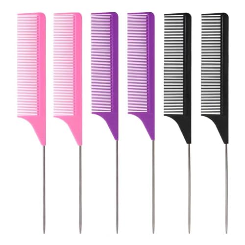 6PCS Rat Tail Combs Set, Parting Fine Tooth Combs with Metal Pick for Braiding Hair Women/Men Highlighting and Parting(Purple, Black, Pink) - color: Purple+ Black+Pink
