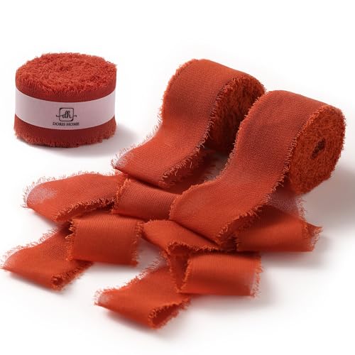 DORIS HOME Handmade Frayed Fringe Chiffon Ribbon 1" x 21Yd Terracotta | Fabric Ribbon, For Flower Bouquet/Gift Wrapping/Wedding Invitations/Halloween Decorations/Fall Decor - color: Terracotta