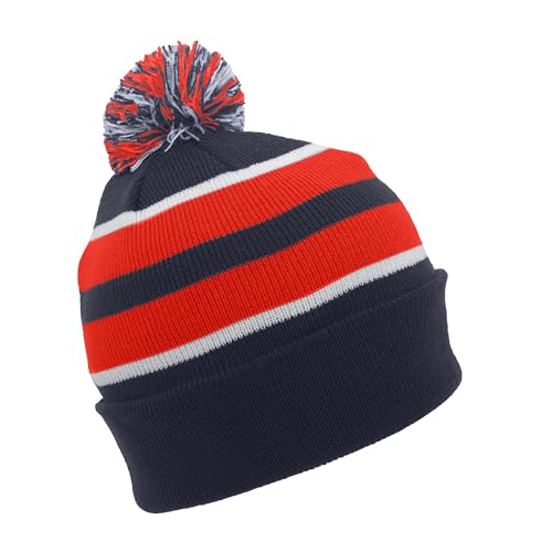 Pacific Headwear Unisex Adult Pacific Headwear Knit Fold Over Pom-pom Beanie - color: Navy/Red/White