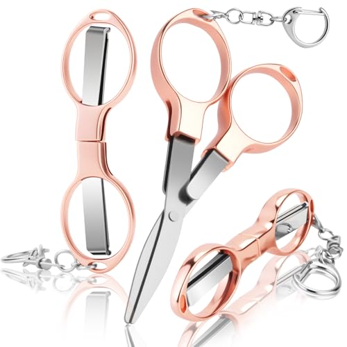 3 Pcs Folding Stainless Steel Mini Badge Scissors with 3 Keychains | Safety Foldable Pocket Travel Small Scissors All Purpose for Nurse Accessories, Travel, Office, Craft, Sewing (Rose Gold) - color: Rose Gold