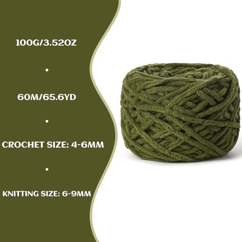 3 Pack Fluffy Chenille Chunky Yarn for Crocheting 100g(65.6yd) - Baby Yarn for Crocheting Soft - Velvet Yarns for Crochet Blanket - Amigurumi Crochet Yarns (Army Green) - color: 3 Army Green