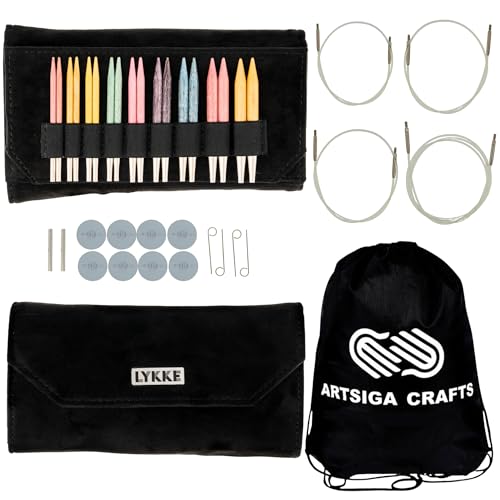 Lykke Colour 3.5-inch Interchangeable Circular Knitting Needle Set | Standard US 3, 4, 5, 6, 7, 8, 9, 10, 10.5 Black Case, Birch Semi-Sharp Tips, Smooth Metal Joins, Swivel Cables, Project Bag - color: Colour-with-Black-Suede-Case