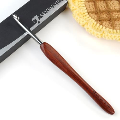 SEVENSUN Mimosa 5.5mm Single Crochet Hook, Available in 0.6mm-6.5mm, Ergonomic Hand Polished Stainless Steel Inline Pointy Wood Handle Crochet Hook for Arthritic Hands, Mother's Day Gifts for Mom - size: 5.5mm(Size I)