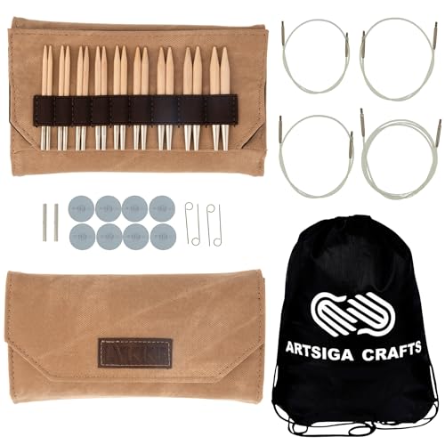 Lykke Naturale 3.5-inch Interchangeable Circular Knitting Needle Set | Standard US 3, 4, 5, 6, 7, 8, 9, 10, 10.5 Tan Case, Birch Semi-Sharp Tips, Smooth Metal Joins, Swivel Cables, Project Bag - color: Naturale-with-Tan-Case