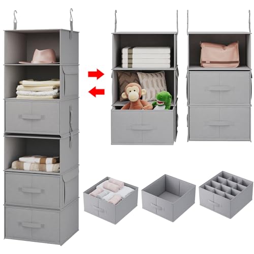 6-Shelf Hanging Closet Organizer with 3 Drawers, Separable, Medium Gray | Converts into Two 3-Shelf Organizers, Foldable Drawers, Side Pockets, Ideal for Wardrobe, Nursery, Dorm & Closet Storage - color: Medium Gray, size: 6-Shelf Separable