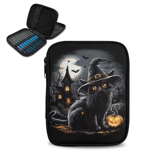 Black Cat Crochet Hook Case Haunted House Bat Portable Knitting Needle Case with Web Pockets Swing Crochet Hooks Accessories Halloween Home Gifts - color: Black Cat Haunted House Bat