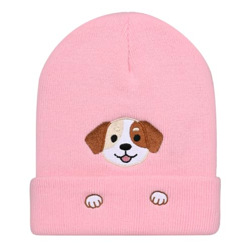 Personality Animal Head Embroidery Knit Beanie Hat for Adult and Big Kids Winter Warm Skull Cuffed Hats - color: Dog-pink