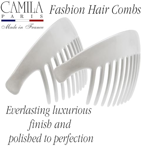 Camila Paris CP3017 French Hair Side Combs, White Pearl Interlocking Combs French Twist Hair Combs, Strong Hold Hair Clips for Women Bun Chignon Up-Do, Styling Girls Hair Accessories, Made in France - color: White Pearl