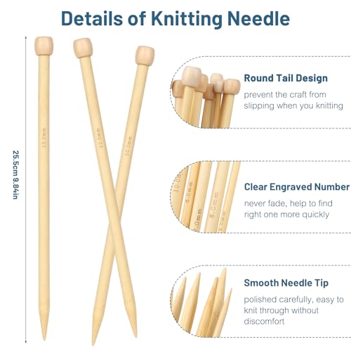 Aeelike 18 Pairs Bamboo Knitting Needles Set, 2mm-8mm Wood Needle, Type C | 10 Inch Wooden Knitting Needles Single Point with Roll Bag, Complete Smooth Needle Set for Socks Sweater Scarves, Ideal Gift - color: Color C, size: 25 cm