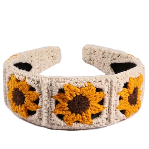 Crochet Headband for Women, Handmade Sunflower & Checkered Hair Accessories, Stretchable Boho Hair Band (Beige-Yellow-Brown, Sunflower) - color: Beige-Yellow-Brown