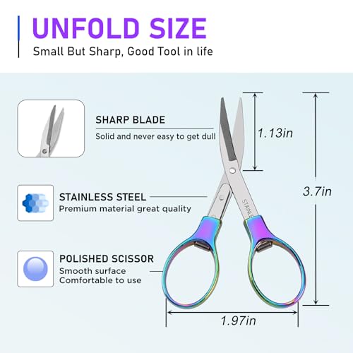Friker Folding Scissors,Portable Telescopic Cutter Pocket Badge Scissors | 2 Pcs Mini Safe Rainbow Foldable Scissors for Household, Office, Handcrafts, Sewing, Nurse Use, Travel and Fishing - color: Rainbow