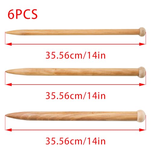 Pocoxll 6 Pcs Large Wooden Knitting Needles, 3 Sizes Straight Single Pointed Sweater Knitting Needles for Beginners(Brown)