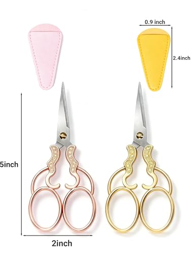 2 PCS Fabric Scissors with 2 Covers- 5-Inch Retro Stainless Steel Precision Scissors, Corrosion & Rust Resistant, Sharp Cutting, Lightweight–Suitable for Embroidery Thread, Paper, Yarn