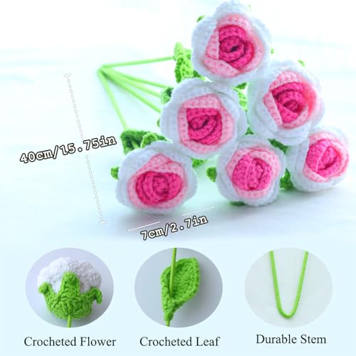 10PCS White-Pink Gradient Crochet Roses, Crochet Flowers | 16.1in x 2.36in; wool yarn bloom + thin iron-wire stem; 100% hand crochet; vase filler, DIY wreath, bouquet, home decor, gift - color: Gradient Pink