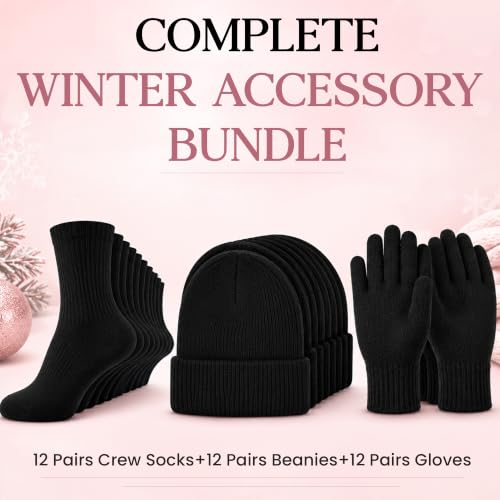Yacht & Smith Wholesale Beanie and Glove Winter Bulk Kit, Kids Adults Bulk Sets, Homeless Donation Shelters - color: 12 Black Womens Socks + 12 Black Beanies + 12 Black Gloves