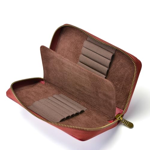 Fountain Pen Leather Pen Case 10 Divided Slots, Rollerball Pen Holder Handmade Display Organizer Zippered Pouch - color: Wine Red