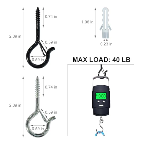 5-Pack Heavy Duty 2.08-Inch Black Screw Hooks - Rustproof Metal with Safety Lock, 30LB Capacity（Includes Storage Case & Plastic Caps） (5, Black) - color: Black