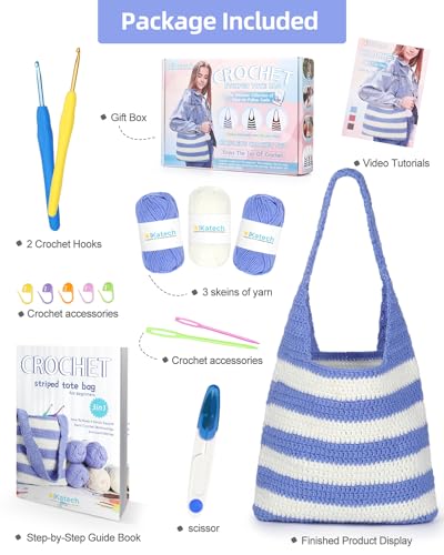 Katech Crochet Kit for Beginners w/Striped Tote Bag 3-1 Step-by-Step Guide | Tote Bag Crochets Kit clue Yarn Crochet Hooks for Adults Beginners Learn to Crocheting Crocheted Starter Kit Crocheter Gift - color: Blue White