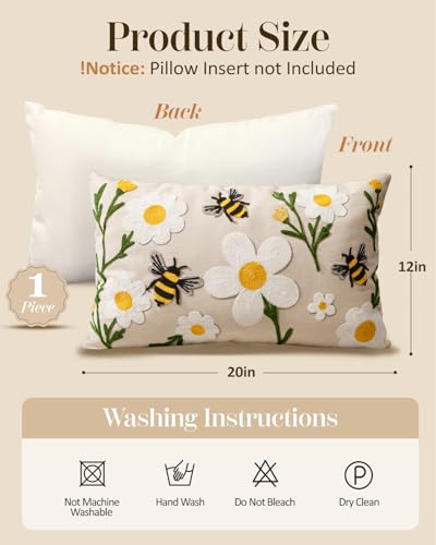 Embroidered Lumbar Pillow Cover 20x12 Inch, Flower Bee | Decorative Throw Pillow Cover, Floral Farmhouse Cushion Case with Hidden Zipper, Home Decor for Couch, Sofa, Living Room - color: Flower Bee, size: 20" x 12" (Pack of 1)